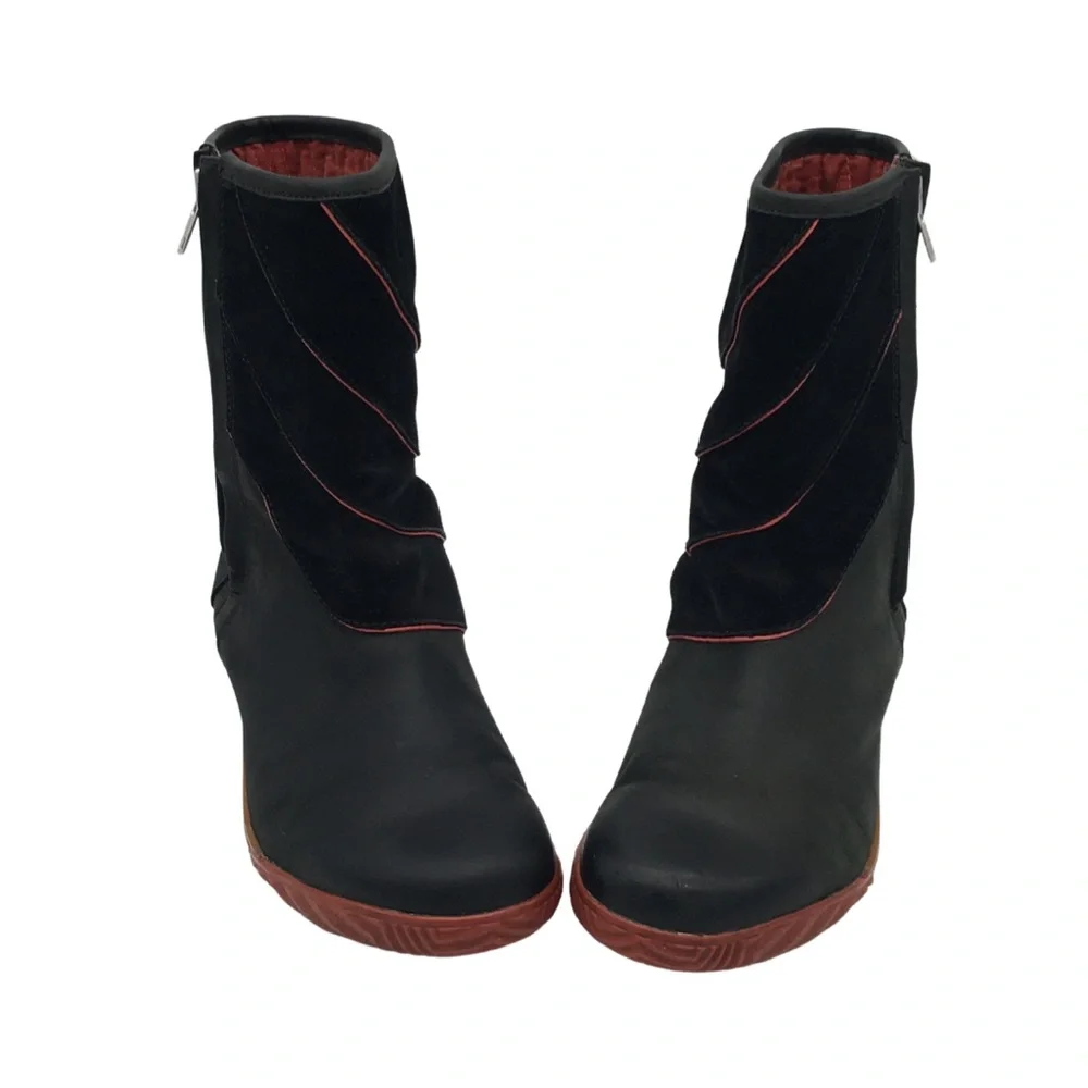 Sorel Firenzy Winter Black & Red Leather Ankle Booties Boots retro Y2K size 7.5
